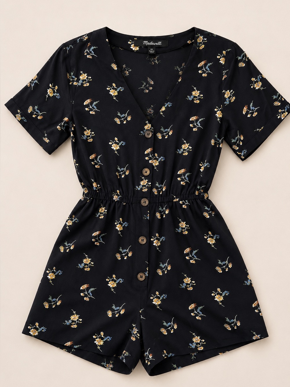 Madewell • Button-Up Black Daisies Day Romper • Size XS • NWOT